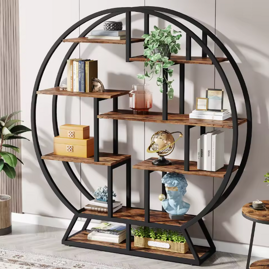 Industriële Ronde Boekenkast – 14 Open Vakken & Houten Planken