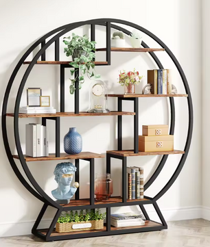 Industriële Ronde Boekenkast – 14 Open Vakken & Houten Planken