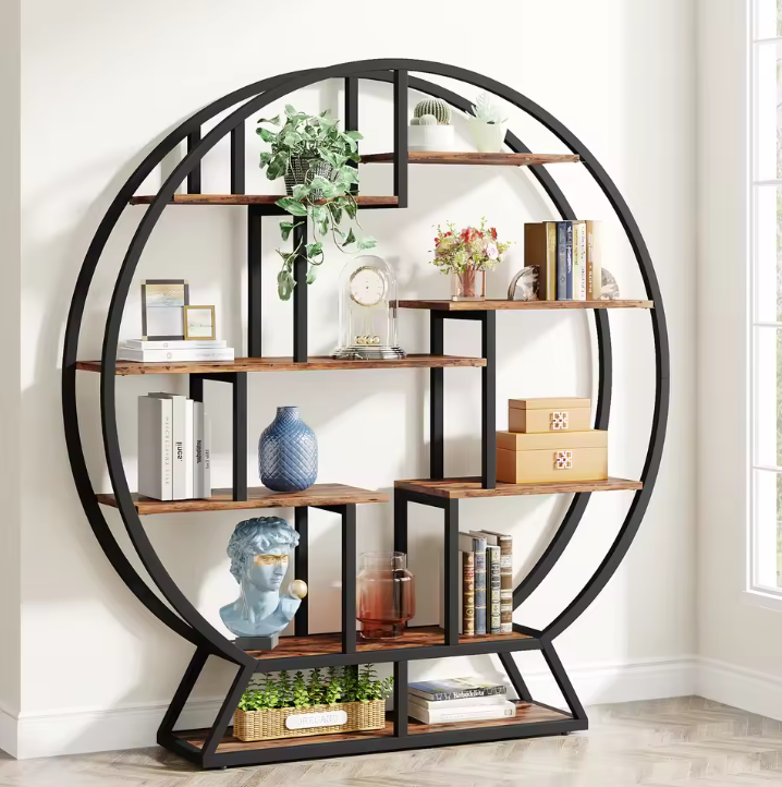 Industriële Ronde Boekenkast – 14 Open Vakken & Houten Planken