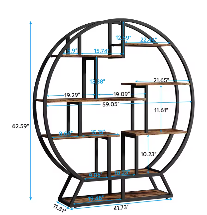 Industriële Ronde Boekenkast – 14 Open Vakken & Houten Planken