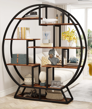 Industriële Ronde Boekenkast – 14 Open Vakken & Houten Planken