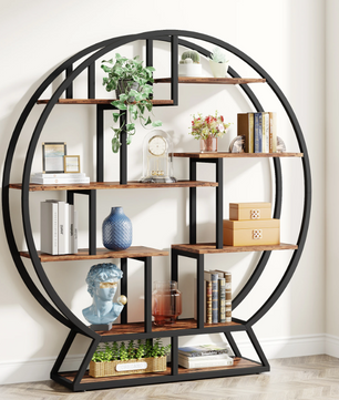 Industriële Ronde Boekenkast – 14 Open Vakken & Houten Planken