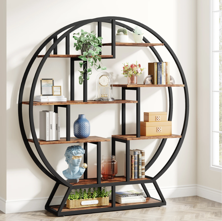 Industriële Ronde Boekenkast – 14 Open Vakken & Houten Planken