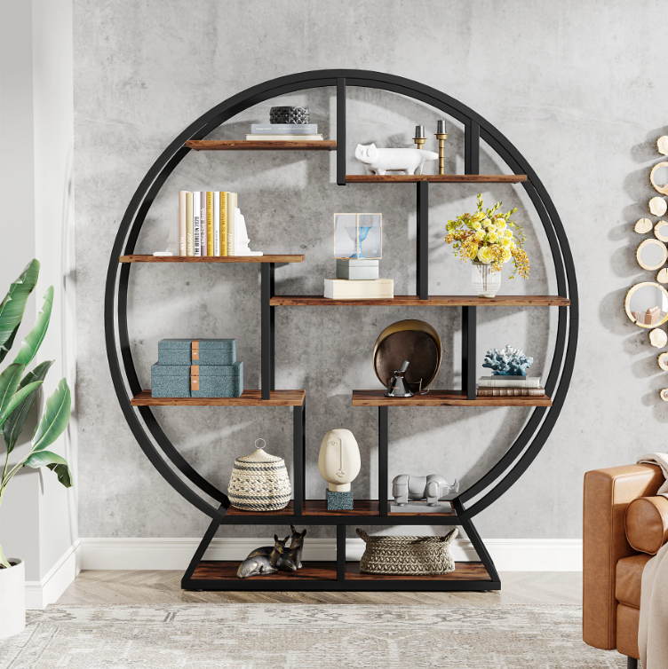Industriële Ronde Boekenkast – 14 Open Vakken & Houten Planken