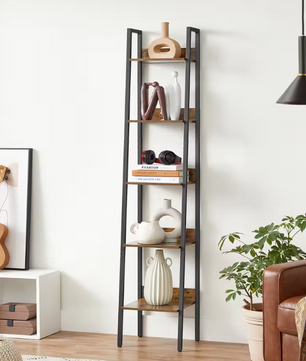 Smalle Boekenkast met 5 Planken – Vintage Bruin & Staal, Ruimtebesparend Rek