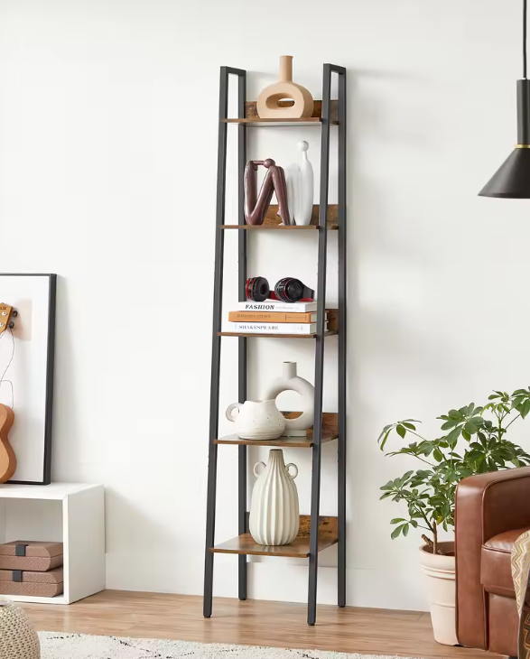 Smalle Boekenkast met 5 Planken – Vintage Bruin & Staal, Ruimtebesparend Rek