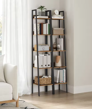 Smalle Boekenkast met 5 Planken – Vintage Bruin & Staal, Ruimtebesparend Rek