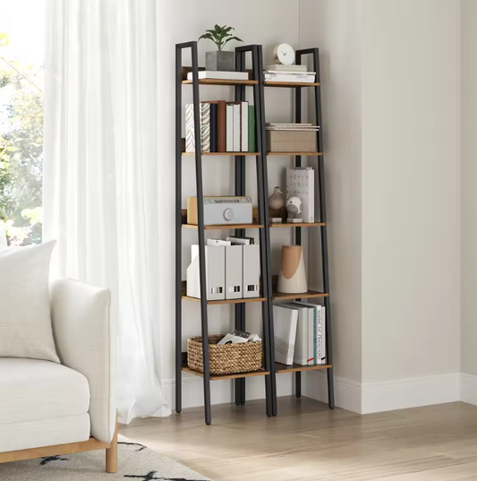 Smalle Boekenkast met 5 Planken – Vintage Bruin & Staal, Ruimtebesparend Rek