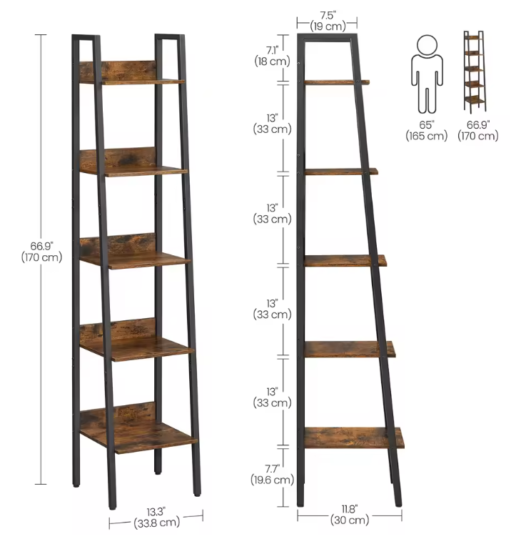 Smalle Boekenkast met 5 Planken – Vintage Bruin & Staal, Ruimtebesparend Rek