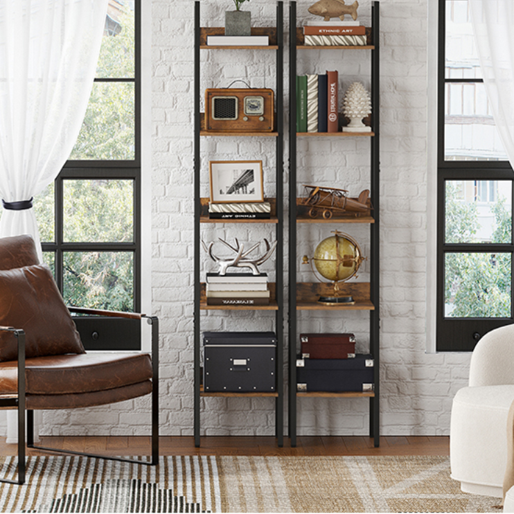 Smalle Boekenkast met 5 Planken – Vintage Bruin & Staal, Ruimtebesparend Rek