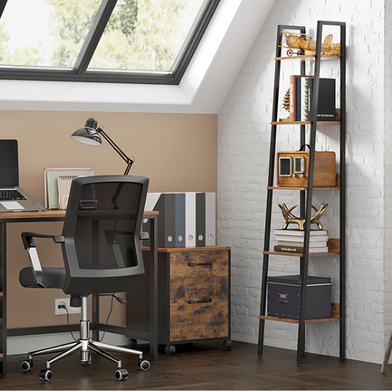 Smalle Boekenkast met 5 Planken – Vintage Bruin & Staal, Ruimtebesparend Rek