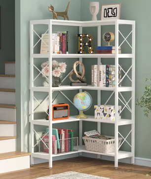 Industriële Hoekboekenkast – 5 Lagen, Metalen Frame & Hout