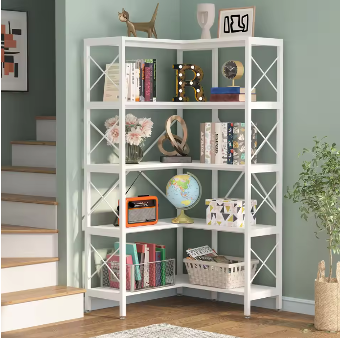 Industriële Hoekboekenkast – 5 Lagen, Metalen Frame & Hout