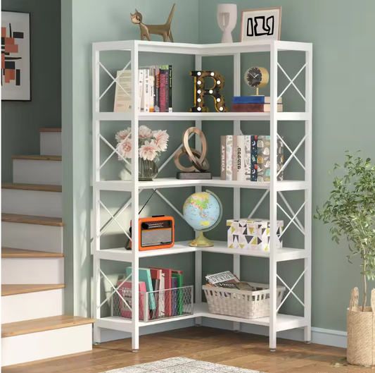 Industriële Hoekboekenkast – 5 Lagen, Metalen Frame & Hout