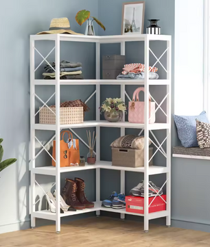 Industriële Hoekboekenkast – 5 Lagen, Metalen Frame & Hout