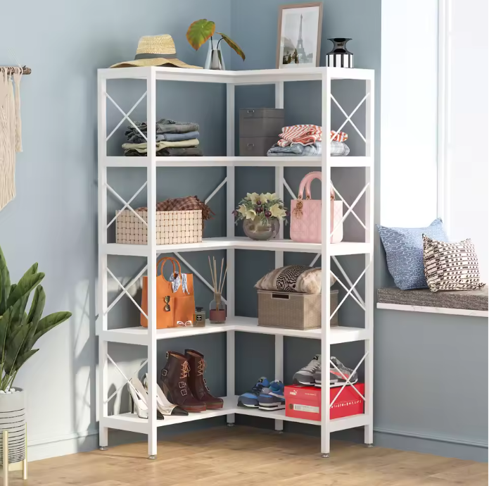 Industriële Hoekboekenkast – 5 Lagen, Metalen Frame & Hout