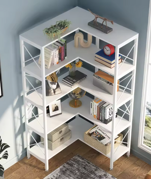 Industriële Hoekboekenkast – 5 Lagen, Metalen Frame & Hout