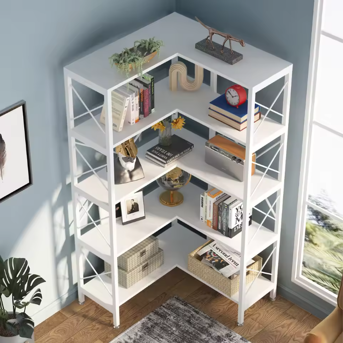Industriële Hoekboekenkast – 5 Lagen, Metalen Frame & Hout