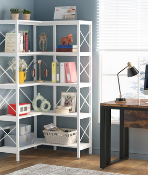 Industriële Hoekboekenkast – 5 Lagen, Metalen Frame & Hout