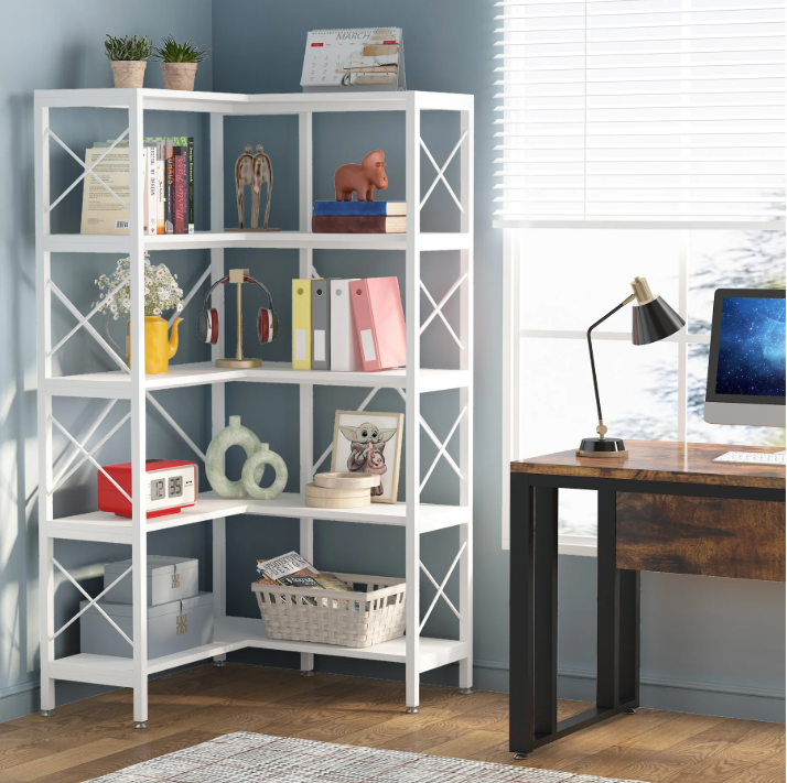 Industriële Hoekboekenkast – 5 Lagen, Metalen Frame & Hout