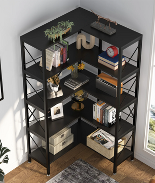 Industriële Hoekboekenkast – 5 Lagen, Metalen Frame & Hout