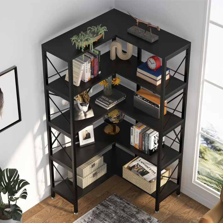 Industriële Hoekboekenkast – 5 Lagen, Metalen Frame & Hout