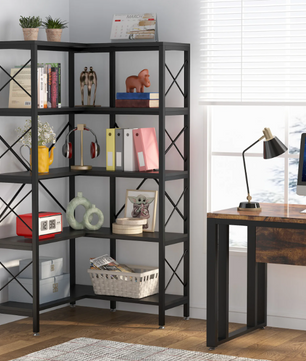 Industriële Hoekboekenkast – 5 Lagen, Metalen Frame & Hout