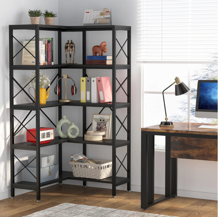 Industriële Hoekboekenkast – 5 Lagen, Metalen Frame & Hout