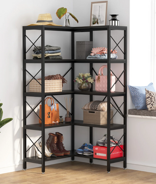 Industriële Hoekboekenkast – 5 Lagen, Metalen Frame & Hout