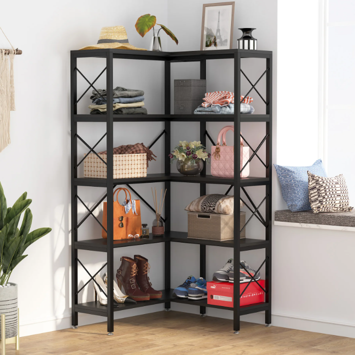 Industriële Hoekboekenkast – 5 Lagen, Metalen Frame & Hout