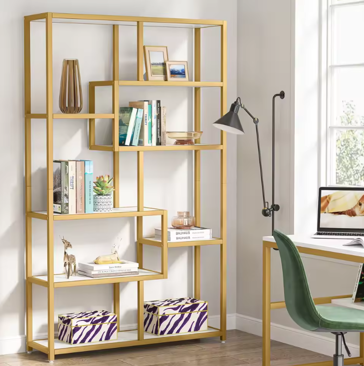 Gouden Boekenkast met 8 Open Planken – Moderne Etagère & Faux Marmer