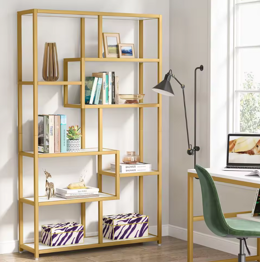 Gouden Boekenkast met 8 Open Planken – Moderne Etagère & Faux Marmer
