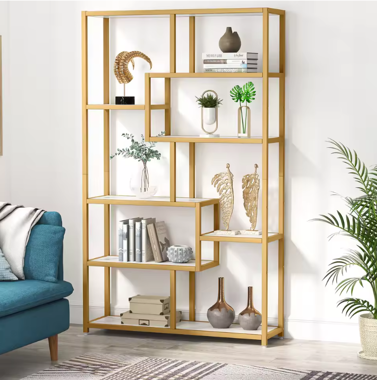 Gouden Boekenkast met 8 Open Planken – Moderne Etagère & Faux Marmer