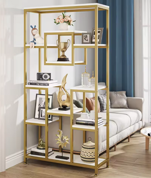 Gouden Boekenkast met 8 Open Planken – Moderne Etagère & Faux Marmer