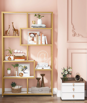Gouden Boekenkast met 8 Open Planken – Moderne Etagère & Faux Marmer