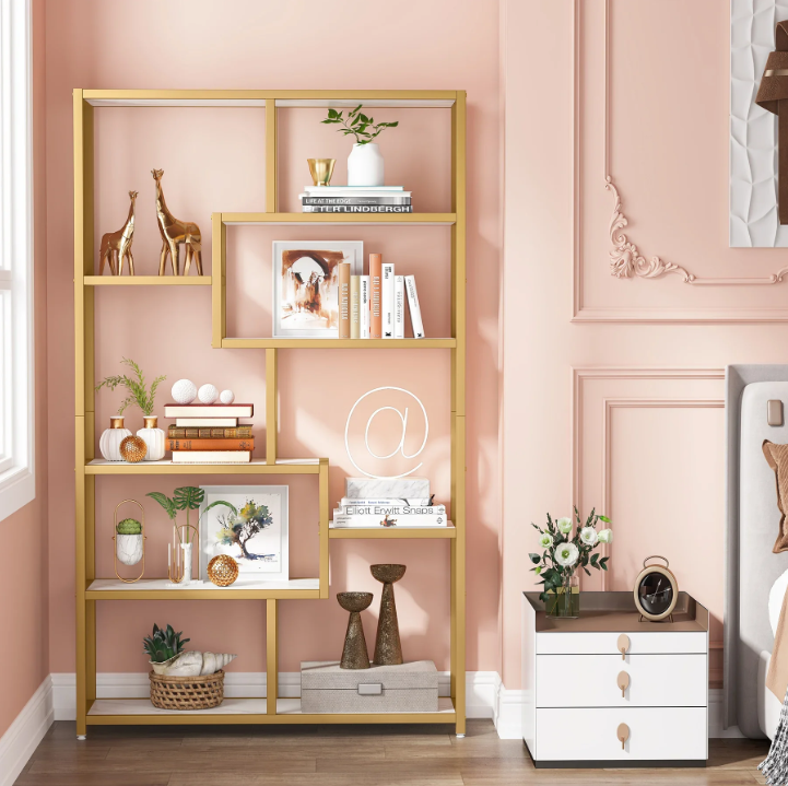Gouden Boekenkast met 8 Open Planken – Moderne Etagère & Faux Marmer