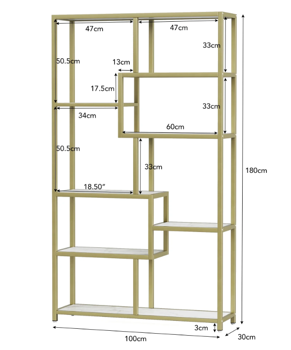 Gouden Boekenkast met 8 Open Planken – Moderne Etagère & Faux Marmer