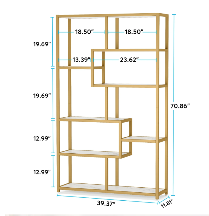 Gouden Boekenkast met 8 Open Planken – Moderne Etagère & Faux Marmer