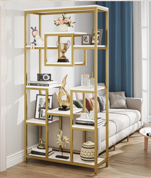 Gouden Boekenkast met 8 Open Planken – Moderne Etagère & Faux Marmer