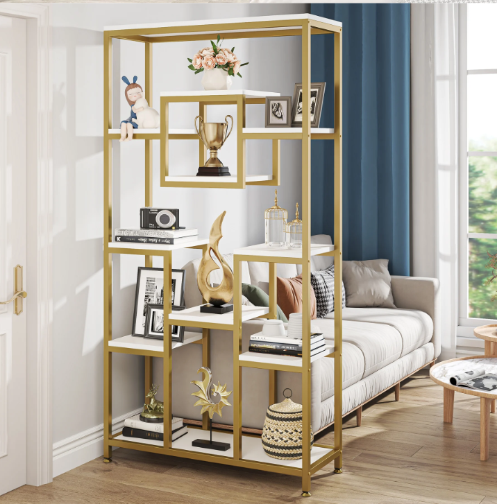 Gouden Boekenkast met 8 Open Planken – Moderne Etagère & Faux Marmer