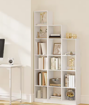 Moderne Witte Boekenkast – Open Kubus Plank met 4 Niveaus, Verstelbare Legplanken & Anti-Kantel Systeem