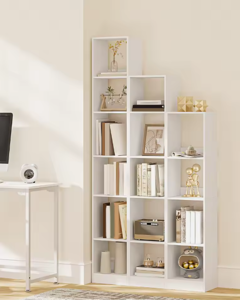 Moderne Witte Boekenkast – Open Kubus Plank met 4 Niveaus, Verstelbare Legplanken & Anti-Kantel Systeem