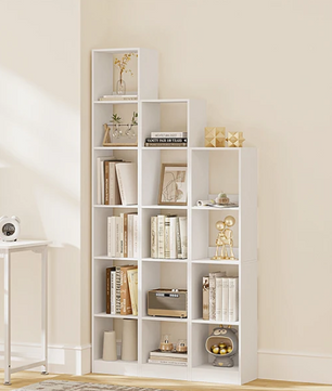 Moderne Witte Boekenkast – Open Kubus Plank met 4 Niveaus, Verstelbare Legplanken & Anti-Kantel Systeem
