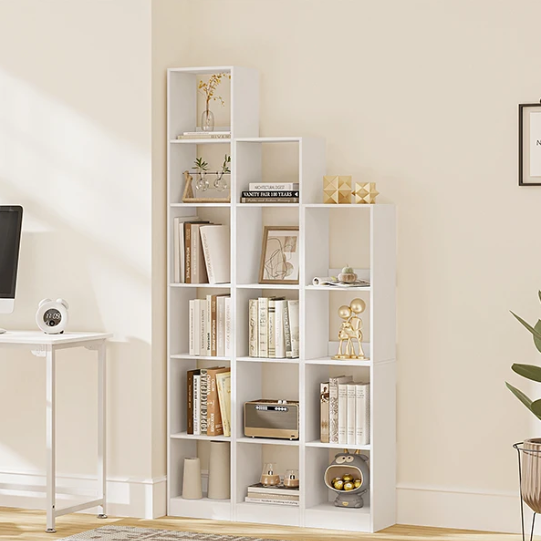 Moderne Witte Boekenkast – Open Kubus Plank met 4 Niveaus, Verstelbare Legplanken & Anti-Kantel Systeem