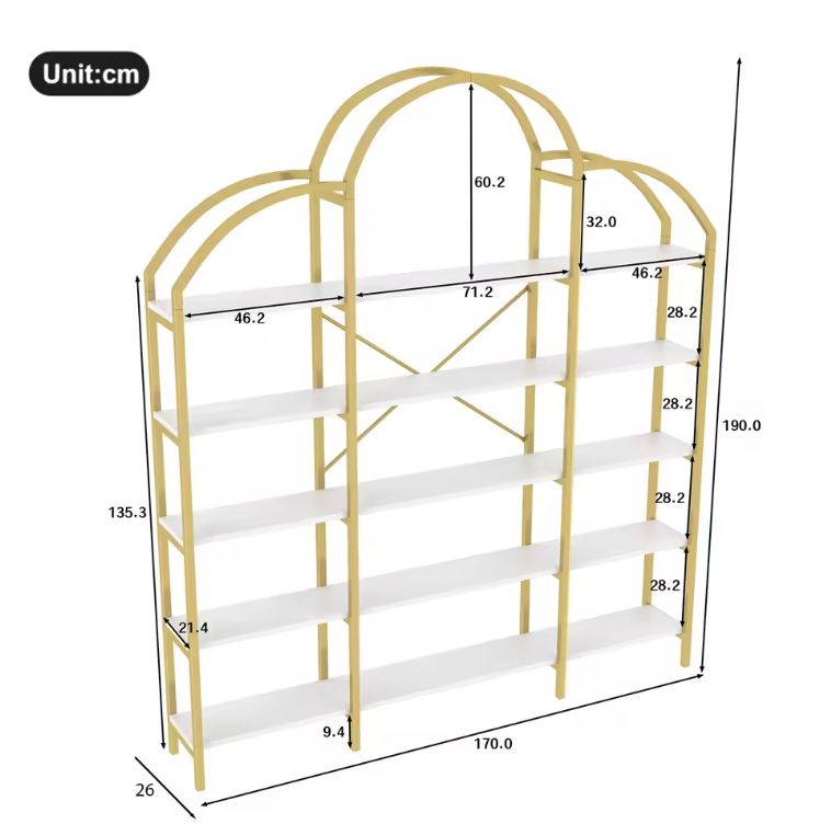 Minimalistisch Wandrek – 5 Lagen Staal & MDF, Goud met Wit