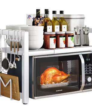 Verstelbaar Magnetronrek met 2 Lagen & 6 Haken – Keuken Organizer, Uitschuifbaar 40-64 cm