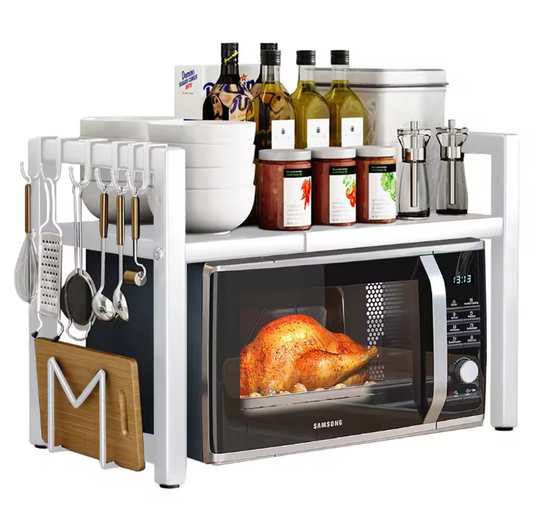Verstelbaar Magnetronrek met 2 Lagen & 6 Haken – Keuken Organizer, Uitschuifbaar 40-64 cm