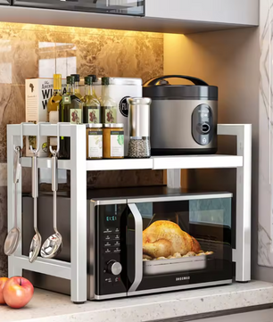 Verstelbaar Magnetronrek met 2 Lagen & 6 Haken – Keuken Organizer, Uitschuifbaar 40-64 cm