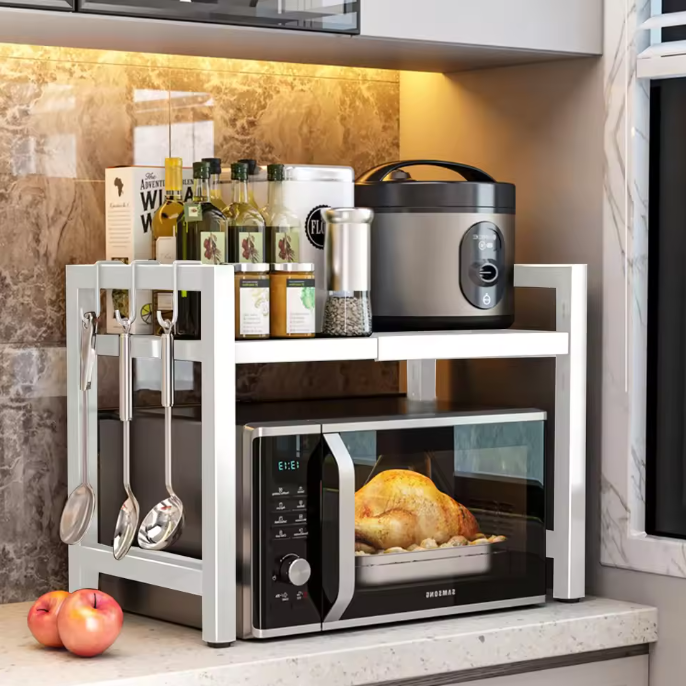 Verstelbaar Magnetronrek met 2 Lagen & 6 Haken – Keuken Organizer, Uitschuifbaar 40-64 cm