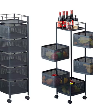 5-Laags Roterend Opbergrek met Wielen – Metalen Keuken Trolley